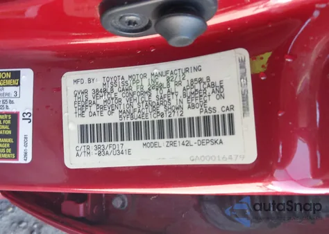 2012 Toyota Corolla S/Le z USA, uszkodzony, nr VIN 5YFBU4EE1CP012712